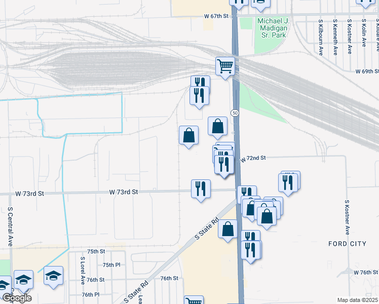 map of restaurants, bars, coffee shops, grocery stores, and more near 7200 South Cicero Avenue in Chicago