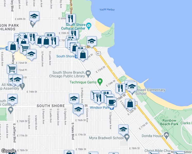 map of restaurants, bars, coffee shops, grocery stores, and more near 2531 East 73rd Street in Chicago
