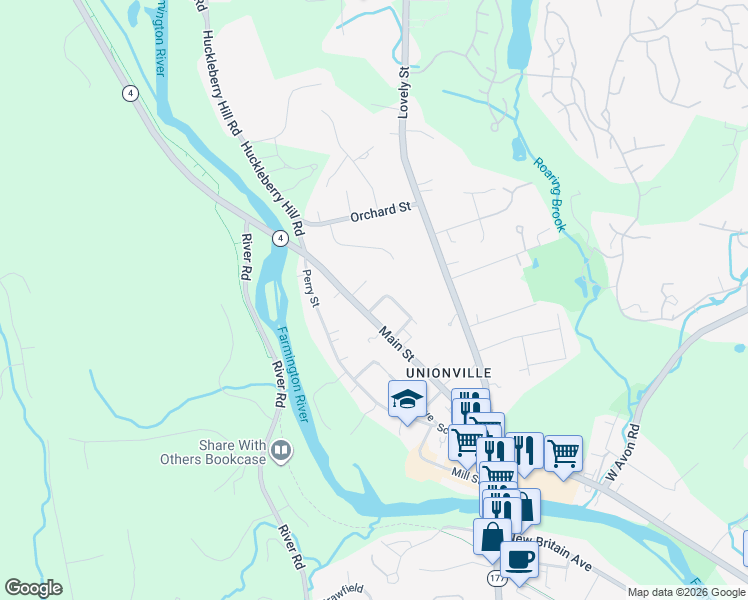 map of restaurants, bars, coffee shops, grocery stores, and more near 82 Bidwell Square in Farmington