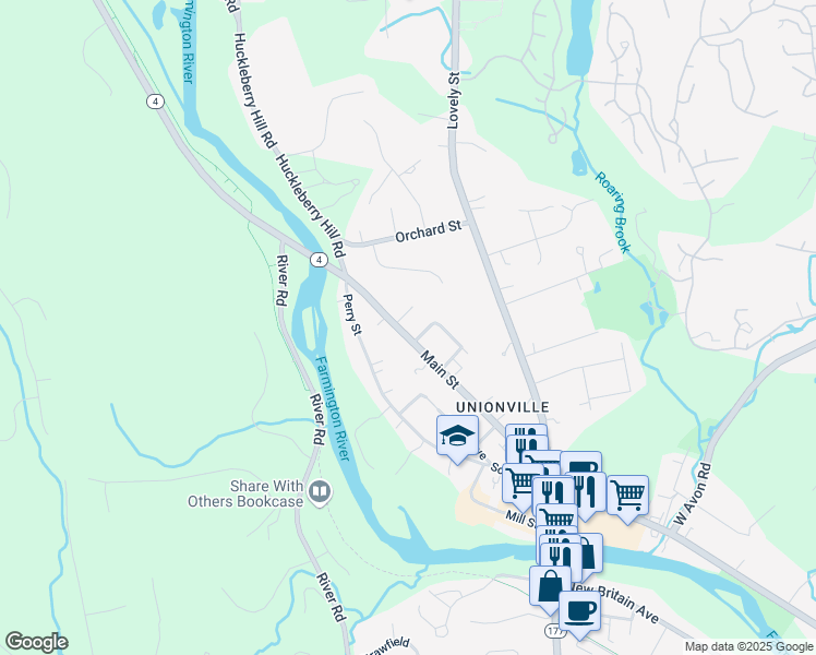 map of restaurants, bars, coffee shops, grocery stores, and more near 206 Main Street in Farmington