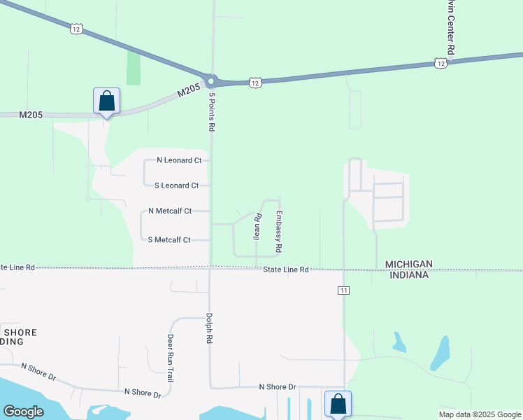 map of restaurants, bars, coffee shops, grocery stores, and more near 71302 Embassy Road in Edwardsburg