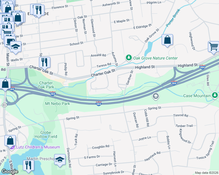 map of restaurants, bars, coffee shops, grocery stores, and more near 103 Sycamore Lane in Manchester