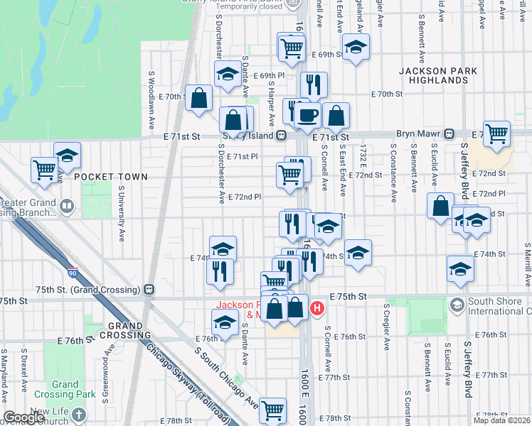 map of restaurants, bars, coffee shops, grocery stores, and more near 1511 East 72nd Place in Chicago
