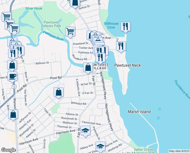 map of restaurants, bars, coffee shops, grocery stores, and more near 15 Bank Street in Warwick