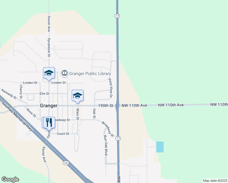map of restaurants, bars, coffee shops, grocery stores, and more near 11101-11245 NW 142nd St in Granger