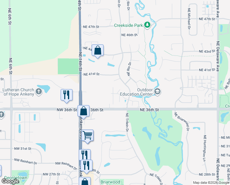 map of restaurants, bars, coffee shops, grocery stores, and more near 3807 Northeast Marissa Lane in Ankeny