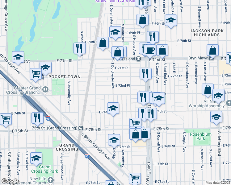 map of restaurants, bars, coffee shops, grocery stores, and more near 1406 East 73rd Street in Chicago
