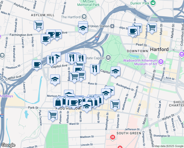 map of restaurants, bars, coffee shops, grocery stores, and more near 26 Hungerford Street in Hartford