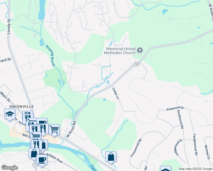 map of restaurants, bars, coffee shops, grocery stores, and more near 127 West Avon Road in Farmington