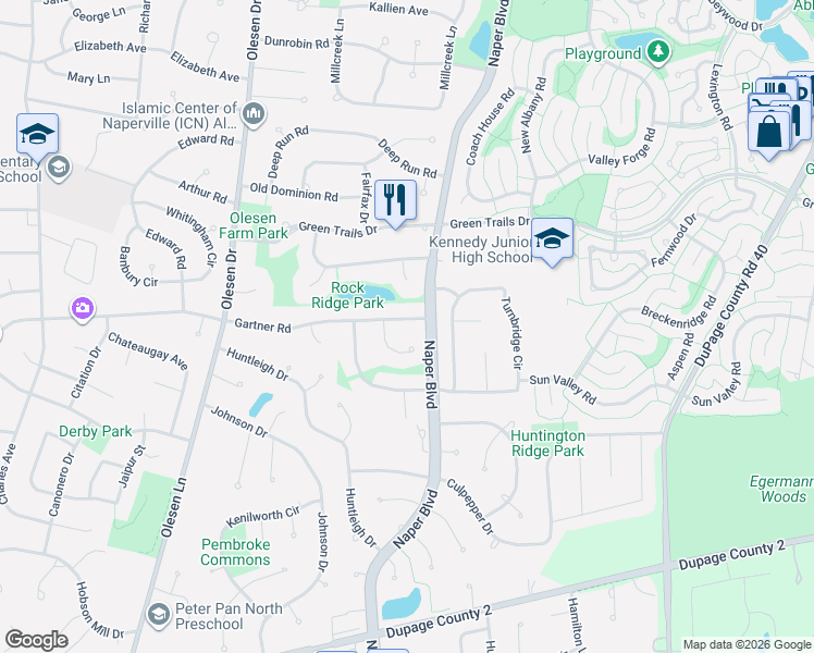 map of restaurants, bars, coffee shops, grocery stores, and more near 1393 East Gartner Road in Naperville