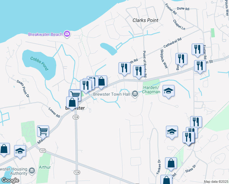 map of restaurants, bars, coffee shops, grocery stores, and more near 2118 Main Street in Brewster