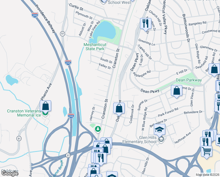map of restaurants, bars, coffee shops, grocery stores, and more near 2334 Cranston Street in Cranston