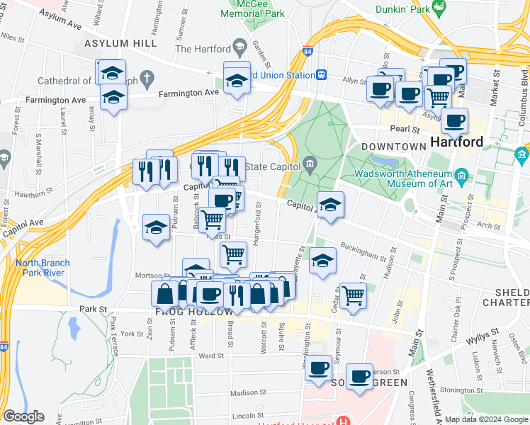 map of restaurants, bars, coffee shops, grocery stores, and more near in Hartford