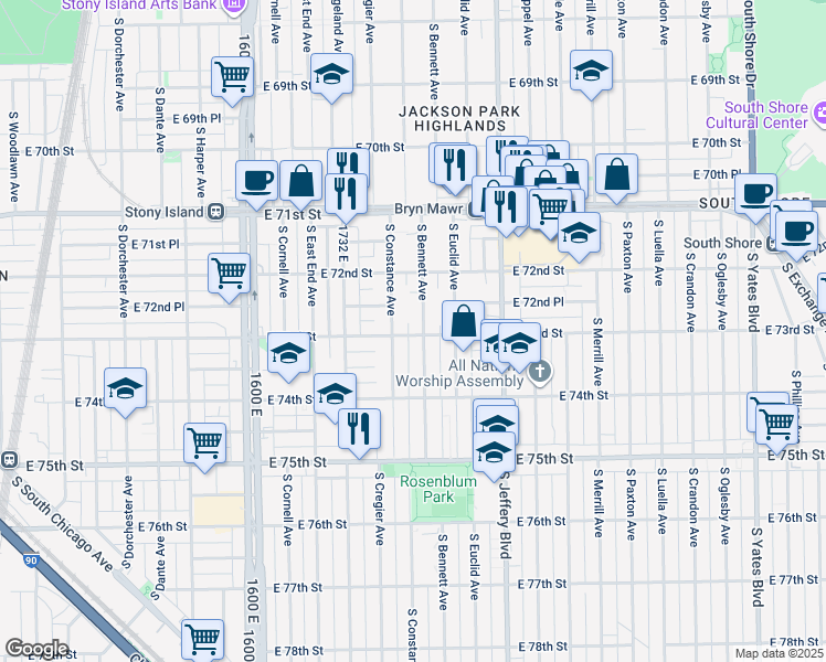 map of restaurants, bars, coffee shops, grocery stores, and more near 7245 South Bennett Avenue in Chicago