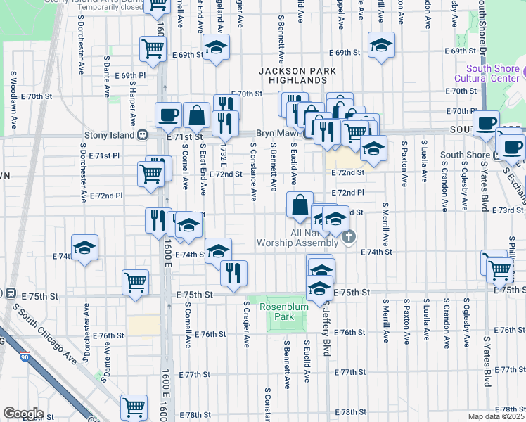 map of restaurants, bars, coffee shops, grocery stores, and more near 7249 South Constance Avenue in Chicago