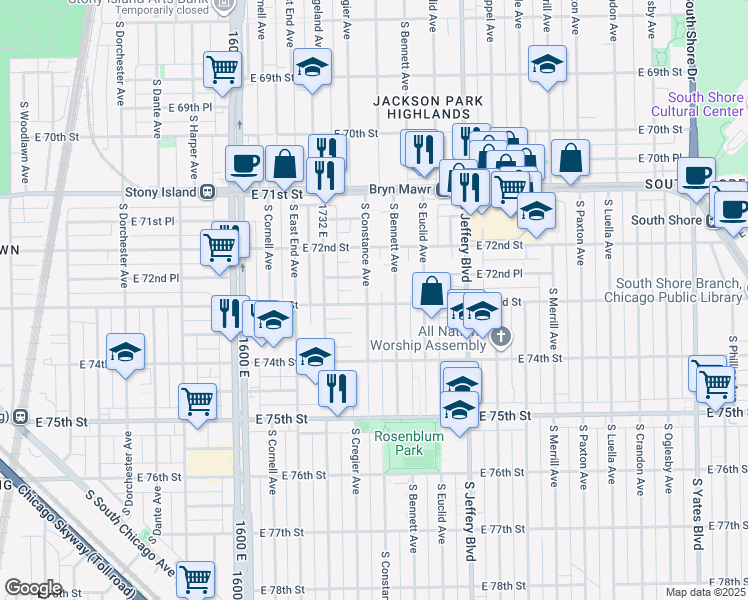 map of restaurants, bars, coffee shops, grocery stores, and more near 7249 South Constance Avenue in Chicago