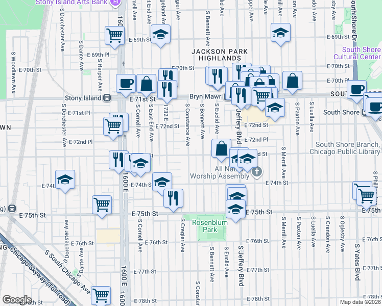 map of restaurants, bars, coffee shops, grocery stores, and more near 7249 South Constance Avenue in Chicago