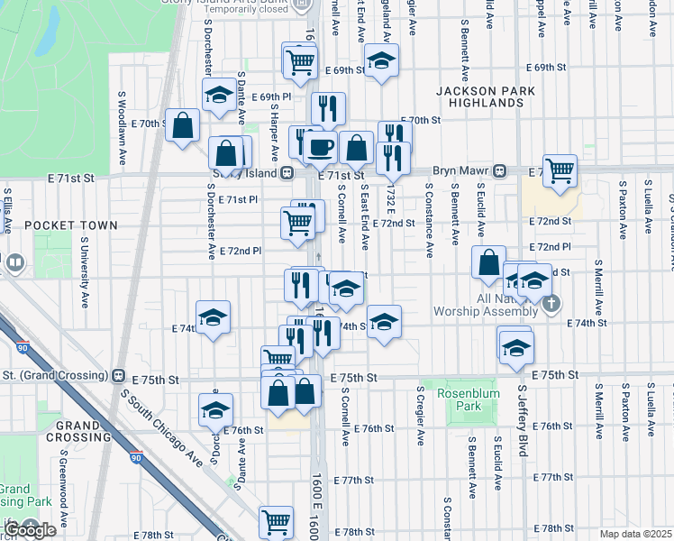 map of restaurants, bars, coffee shops, grocery stores, and more near 7240 South Cornell Avenue in Chicago