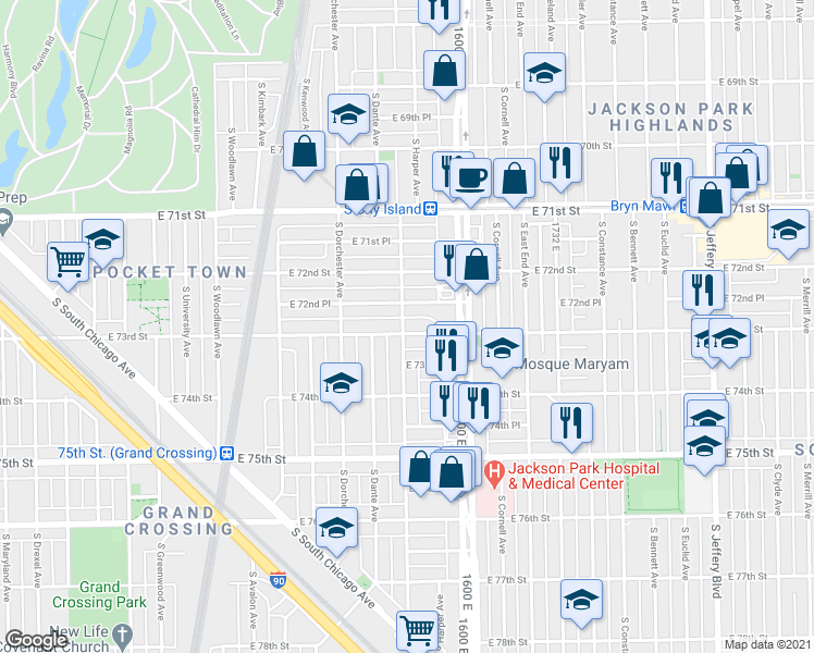 map of restaurants, bars, coffee shops, grocery stores, and more near 1511 East 72nd Place in Chicago