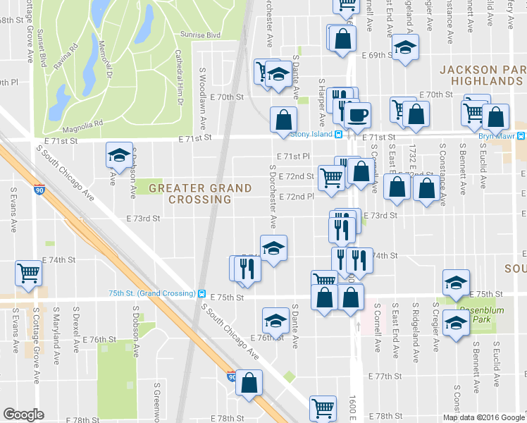 map of restaurants, bars, coffee shops, grocery stores, and more near 7244 South Dorchester Avenue in Chicago