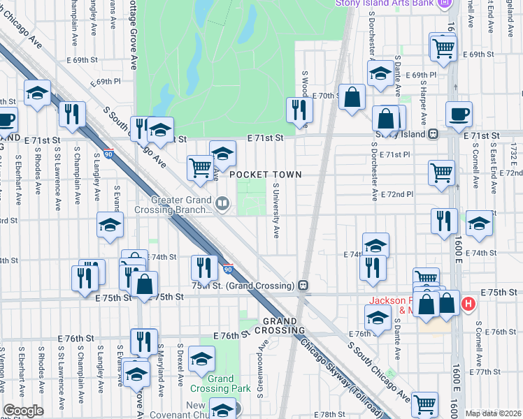map of restaurants, bars, coffee shops, grocery stores, and more near 7224 South Dobson Avenue in Chicago
