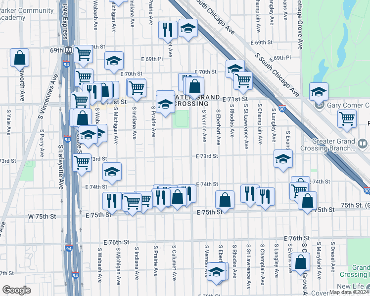 map of restaurants, bars, coffee shops, grocery stores, and more near 7229 South King Drive in Chicago