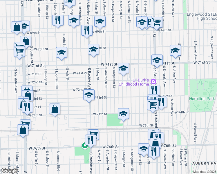 map of restaurants, bars, coffee shops, grocery stores, and more near 7208 South Carpenter Street in Chicago