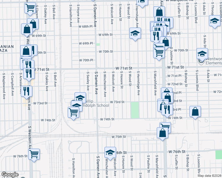 map of restaurants, bars, coffee shops, grocery stores, and more near 7159 South Winchester Avenue in Chicago