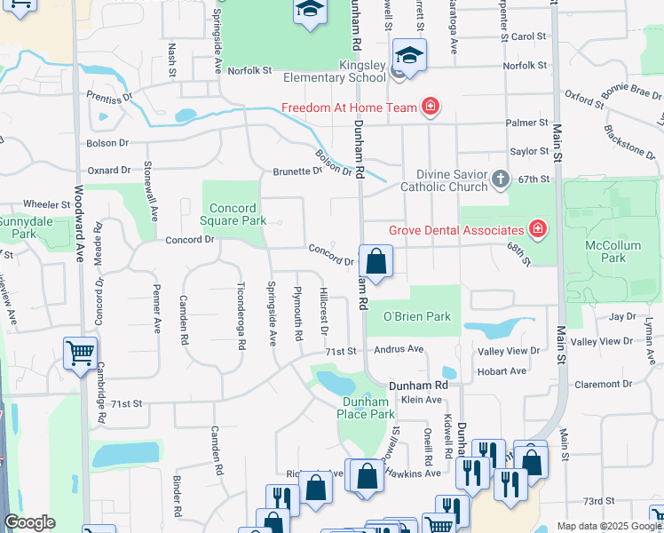 map of restaurants, bars, coffee shops, grocery stores, and more near 1471 Concord Drive in Downers Grove