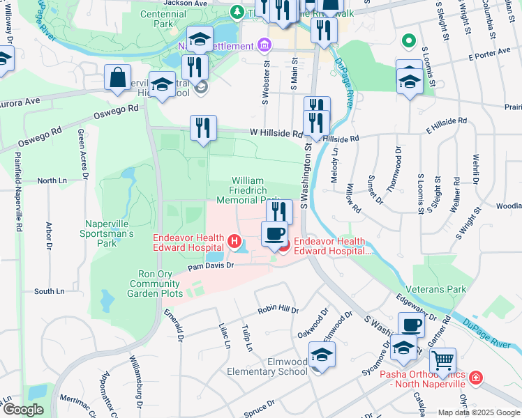map of restaurants, bars, coffee shops, grocery stores, and more near 200 Martin Avenue in Naperville
