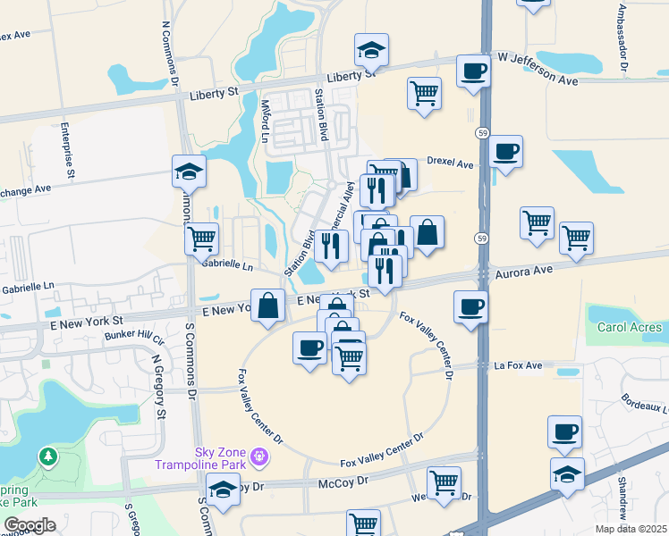 map of restaurants, bars, coffee shops, grocery stores, and more near 4234 Central Park Lane in Aurora