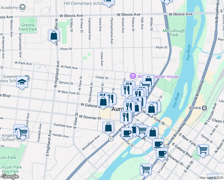 map of restaurants, bars, coffee shops, grocery stores, and more near 359 Spruce Street in Aurora