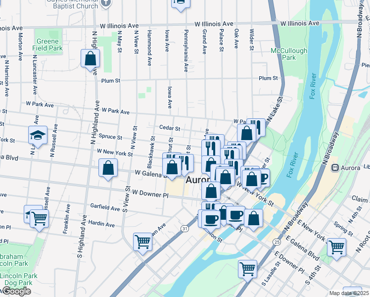 map of restaurants, bars, coffee shops, grocery stores, and more near 359 Spruce Street in Aurora