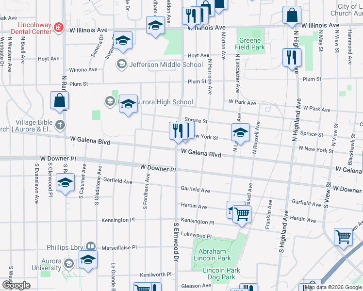 map of restaurants, bars, coffee shops, grocery stores, and more near in Aurora