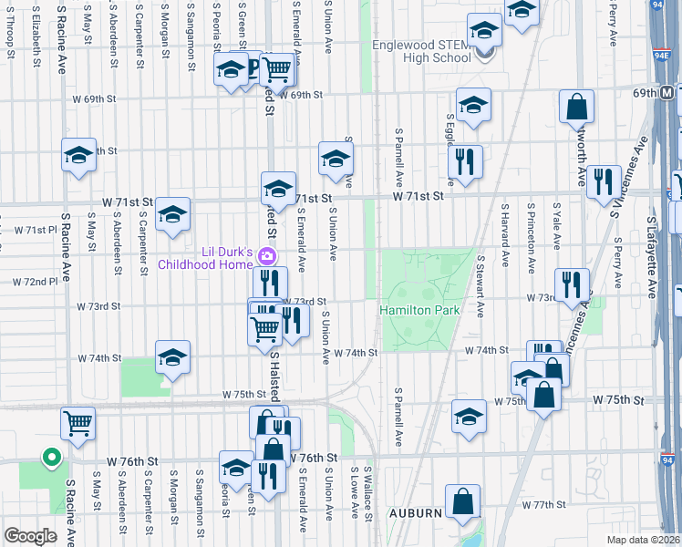 map of restaurants, bars, coffee shops, grocery stores, and more near 7225 South Union Avenue in Chicago