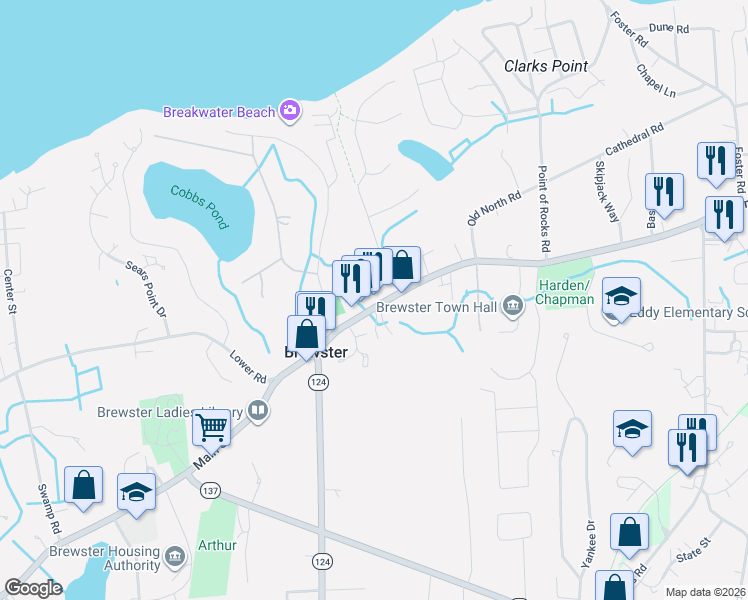 map of restaurants, bars, coffee shops, grocery stores, and more near 2019 Main Street in Brewster