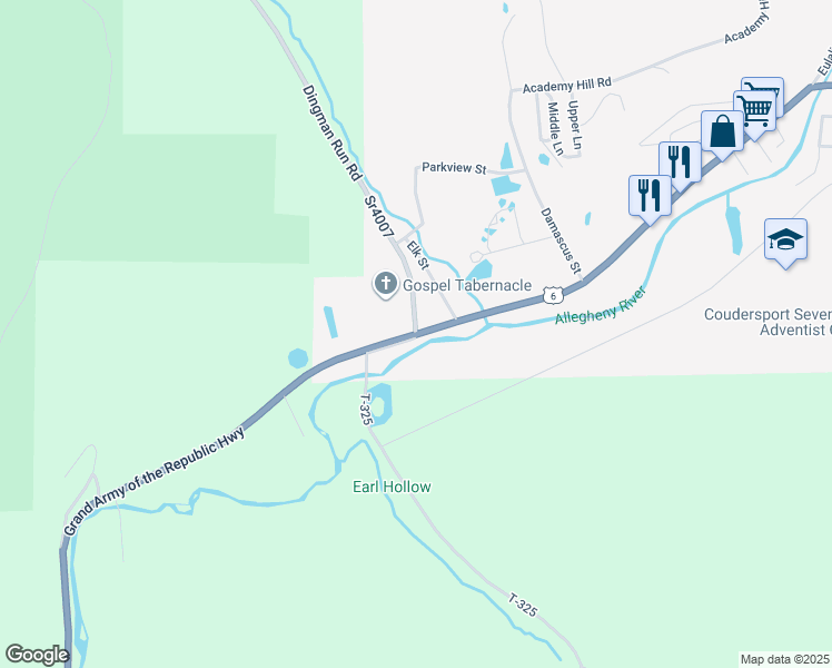 map of restaurants, bars, coffee shops, grocery stores, and more near 165 Dingman Run Road in Coudersport