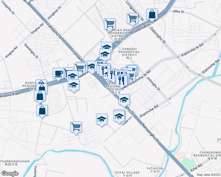 map of restaurants, bars, coffee shops, grocery stores, and more near Nanyanghu Street in Shenyang Shi
