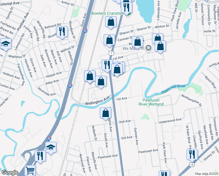 map of restaurants, bars, coffee shops, grocery stores, and more near 1655 U.S. 1 in Cranston