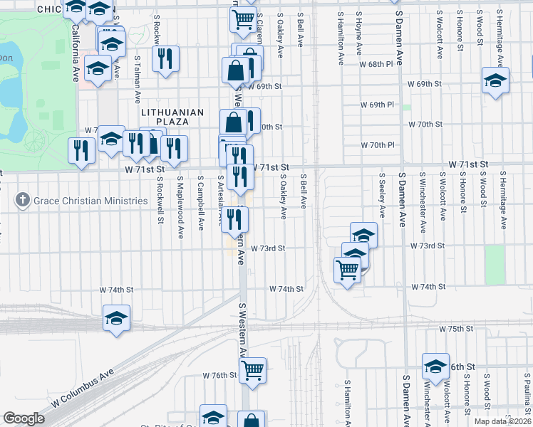 map of restaurants, bars, coffee shops, grocery stores, and more near 2308 West 72nd Street in Chicago