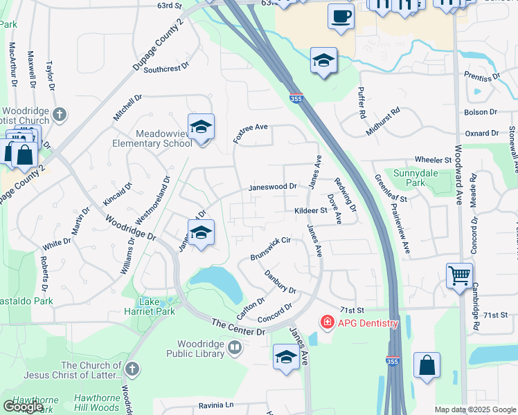 map of restaurants, bars, coffee shops, grocery stores, and more near 7 Scarlet Hawthorne Court in Woodridge
