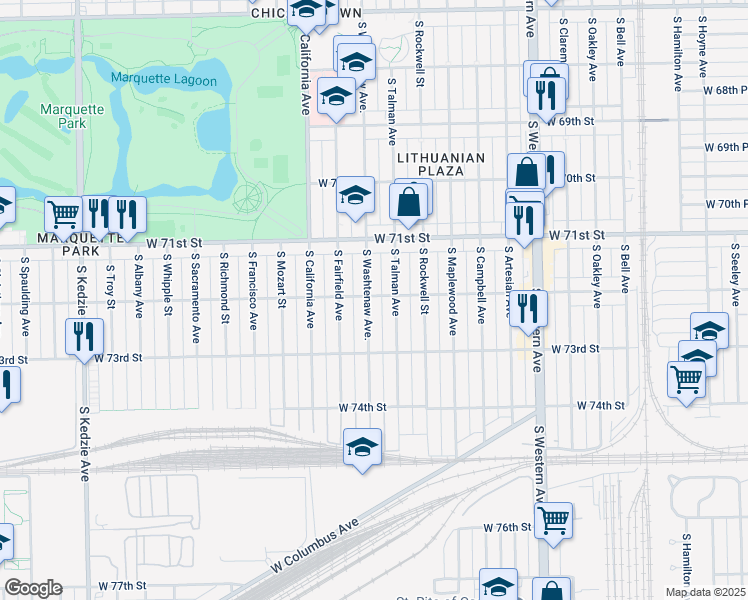 map of restaurants, bars, coffee shops, grocery stores, and more near 2651 West 72nd Street in Chicago