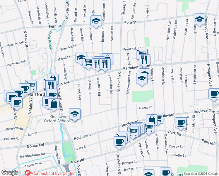map of restaurants, bars, coffee shops, grocery stores, and more near 37 Lancaster Road in West Hartford