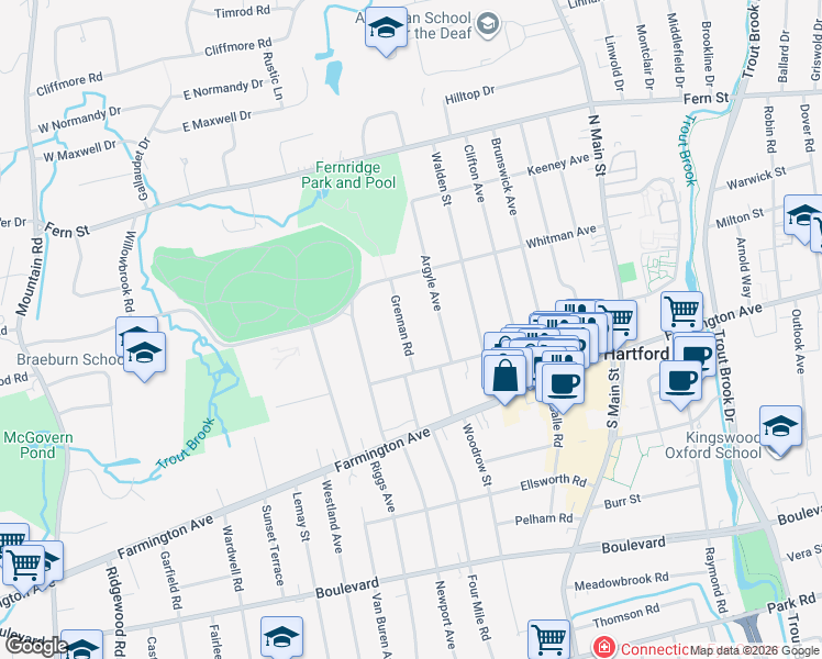 map of restaurants, bars, coffee shops, grocery stores, and more near 94 Grennan Road in West Hartford