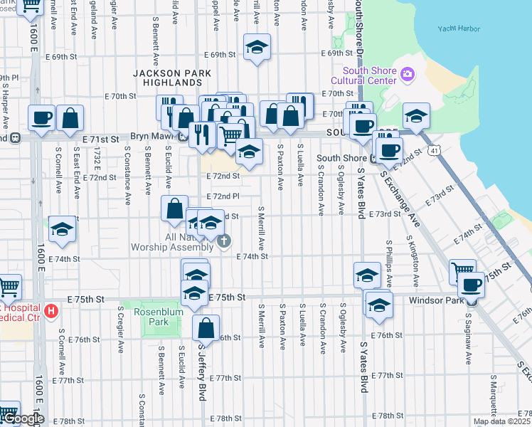 map of restaurants, bars, coffee shops, grocery stores, and more near 7248 South Paxton Avenue in Chicago