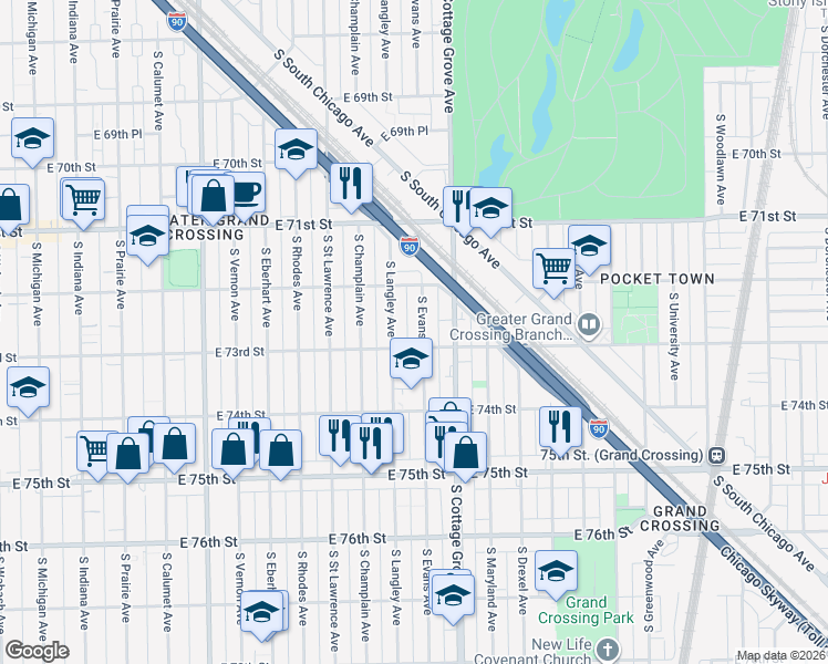 map of restaurants, bars, coffee shops, grocery stores, and more near 7233 South Langley Avenue in Chicago