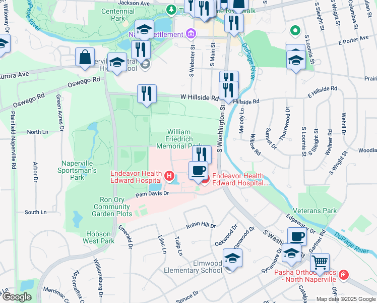 map of restaurants, bars, coffee shops, grocery stores, and more near 200 Martin Avenue in Naperville