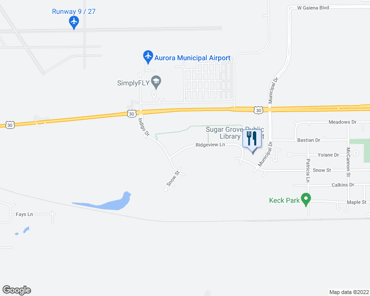 map of restaurants, bars, coffee shops, grocery stores, and more near 701 Ridgeview Lane in Sugar Grove