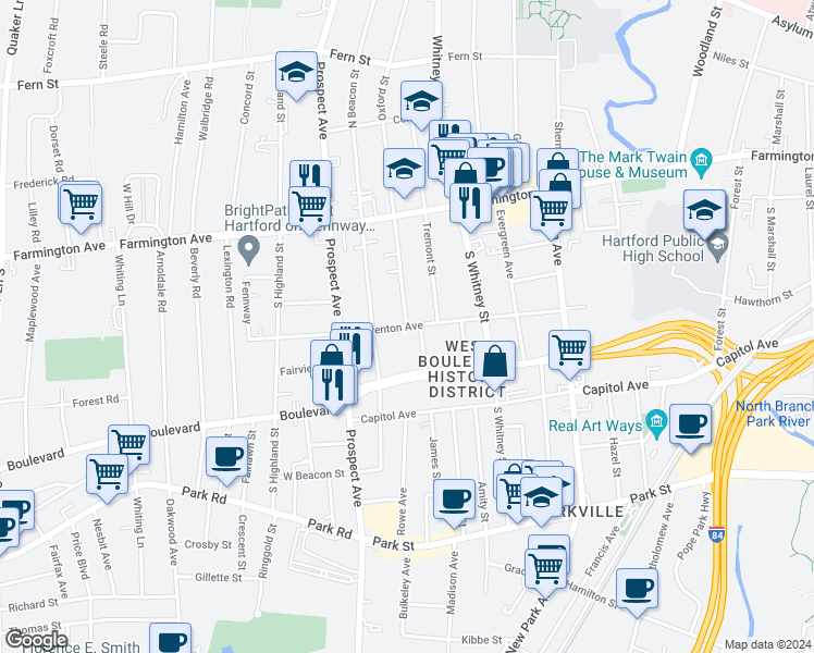 map of restaurants, bars, coffee shops, grocery stores, and more near Warrenton Avenue in Hartford