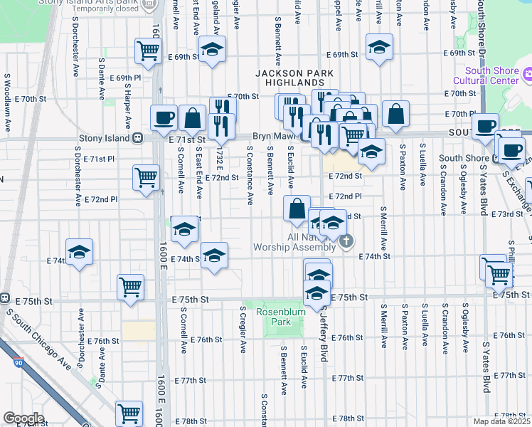 map of restaurants, bars, coffee shops, grocery stores, and more near 7245 South Bennett Avenue in Chicago